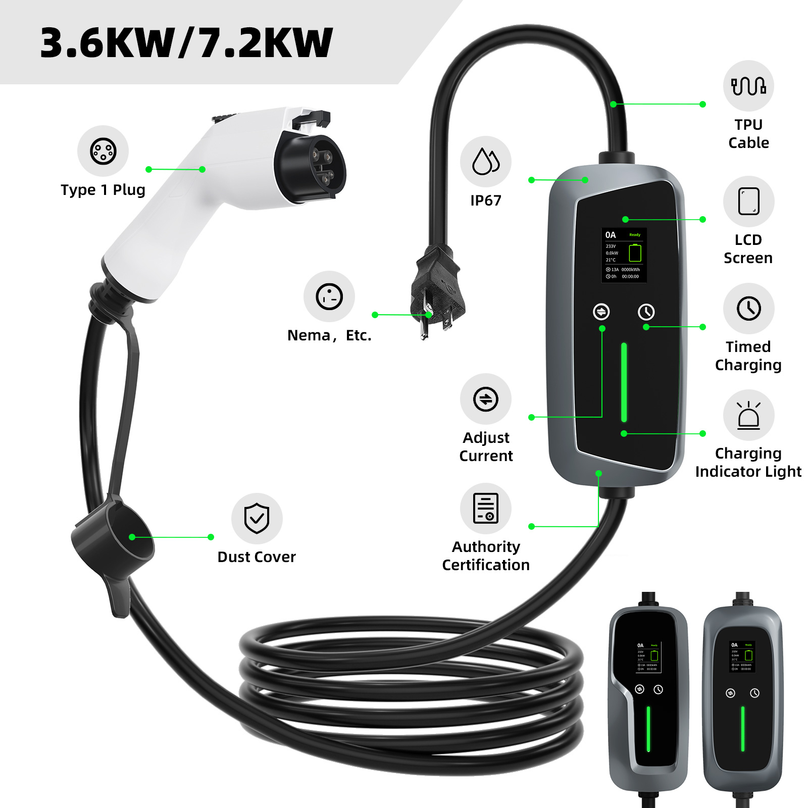 Type 1 Portable EV Charger 7.4kw with LCD Screen