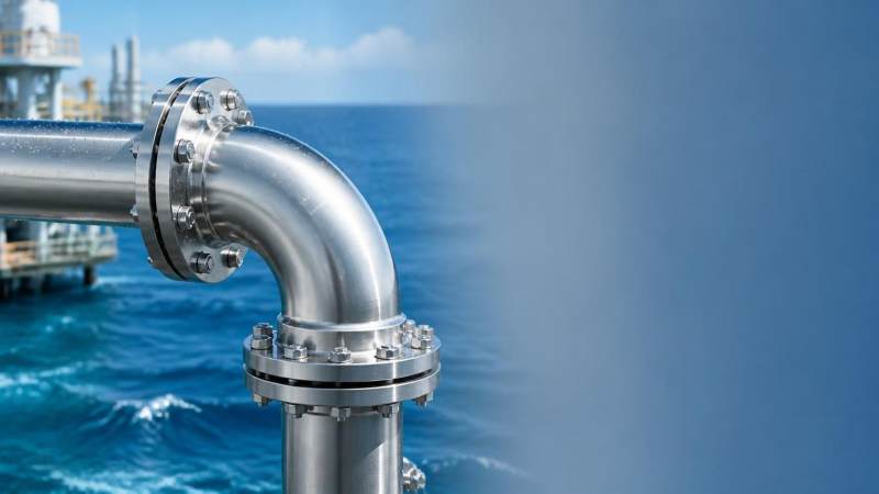 When should corrosion resistant steel pipe be specified for seawater?