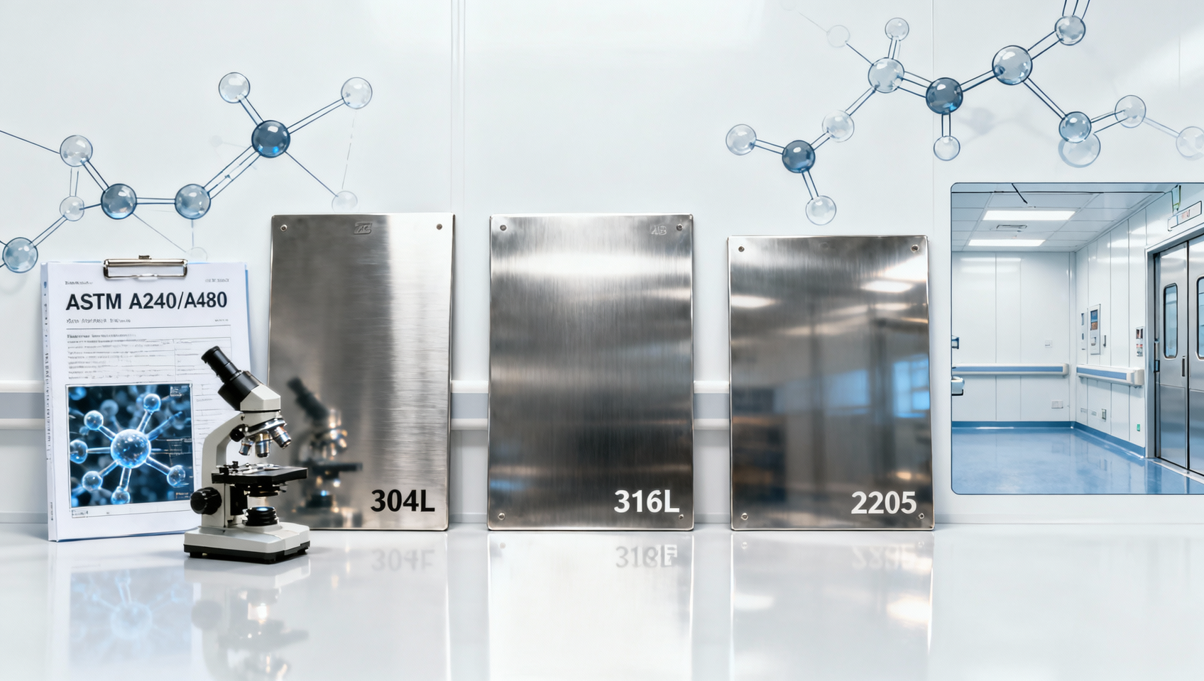 Which ASTM standard grades of stainless flat sheet are approved for pharmaceutical cleanroom cladding in 2026?