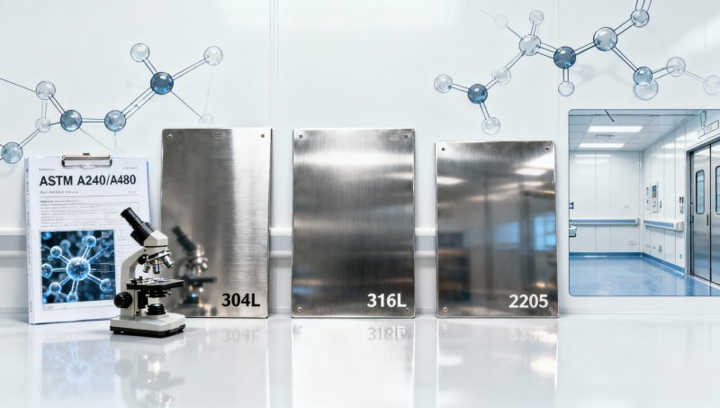 Which ASTM standard grades of stainless flat sheet are approved for pharmaceutical cleanroom cladding in 2026?