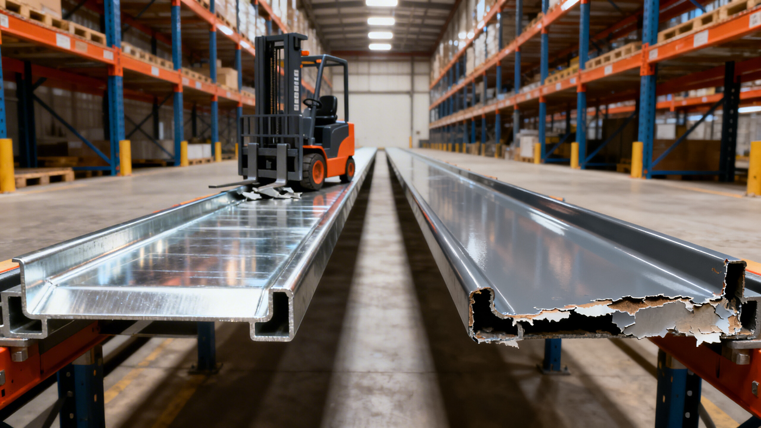 Which metal channel for warehouse shelving resists pallet jack impacts better: galvanized vs. pre-painted?