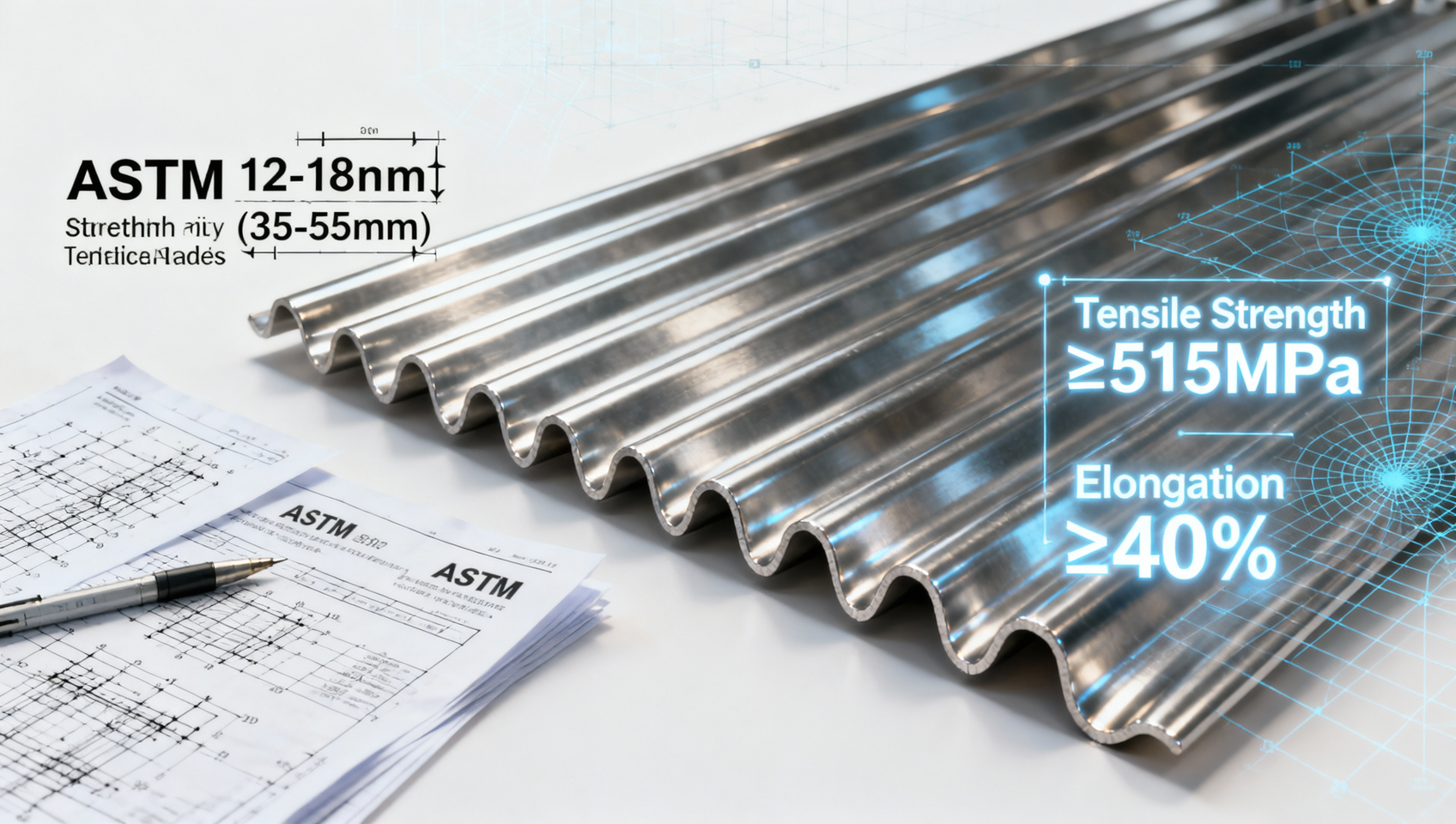 What tensile strength and elongation values should stainless steel corrugated sheet lightweight meet for rooftop walkway use