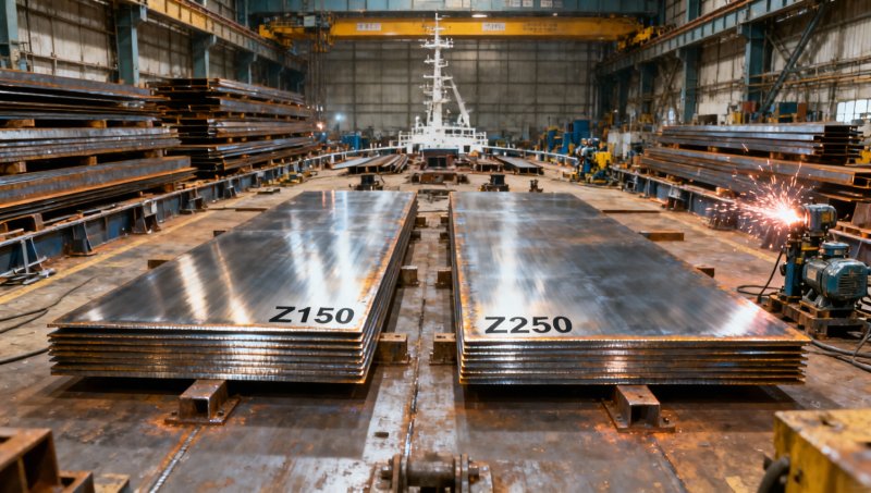 Can Z150 steel sheet for shipbuilding be substituted with Z250 in non-critical deck plating — and what ASTM|EN standards say