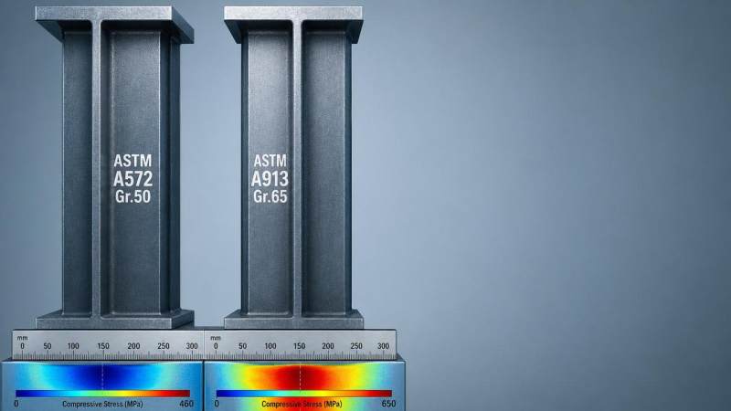 How much stronger is high strength structural steel in compression versus ASTM A572?