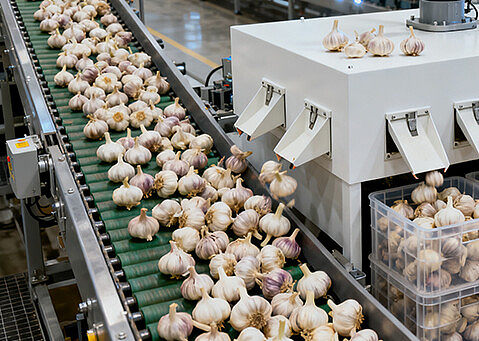 The sorting machine sorts garlic cloves according to their diameter, ensuring they are the correct size.