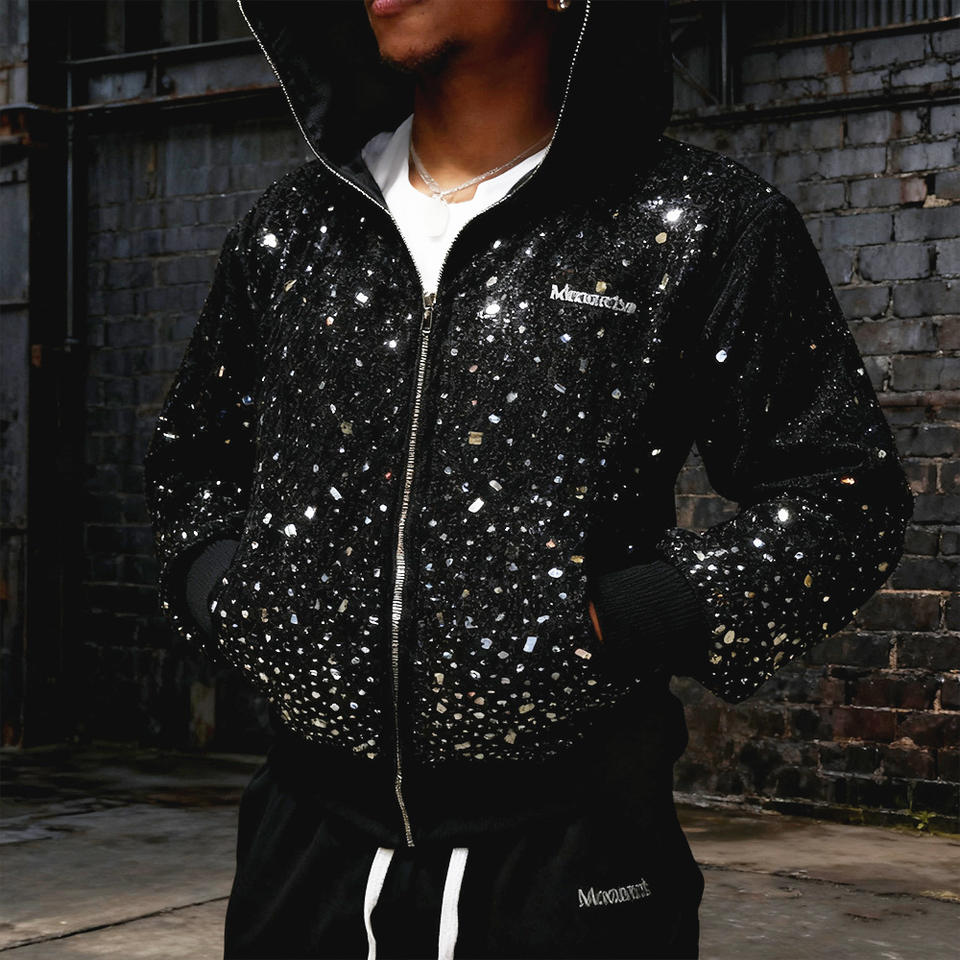 600 Gsm custom-made 100% cotton full-face zipper hoodie for both men and women, street style, polka dot rhinestone logo for winter and autumn