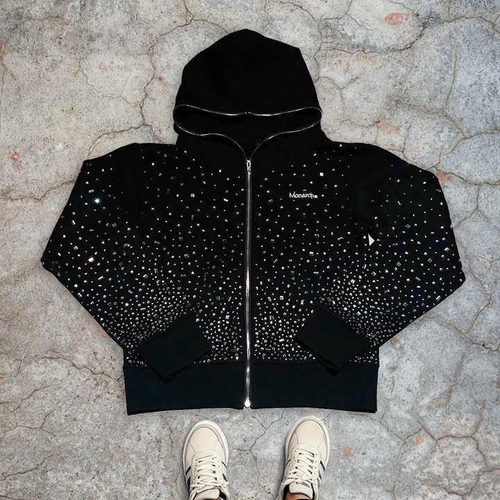 600 Gsm custom-made 100% cotton full-face zipper hoodie for both men and women, street style, polka dot rhinestone logo for winter and autumn