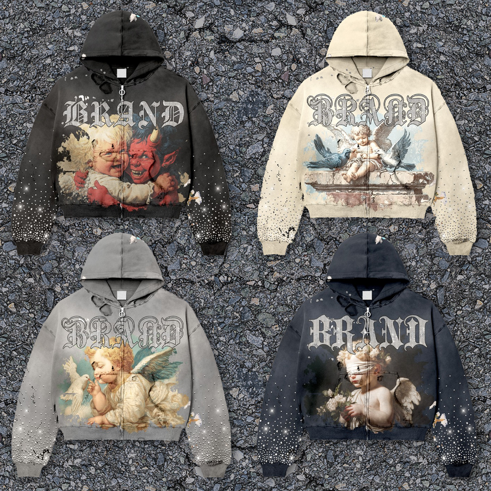 500gsm heavyweight denim tear custom high-quality signature men's acid-washed diamond hoodie sweater street wear manufacturer