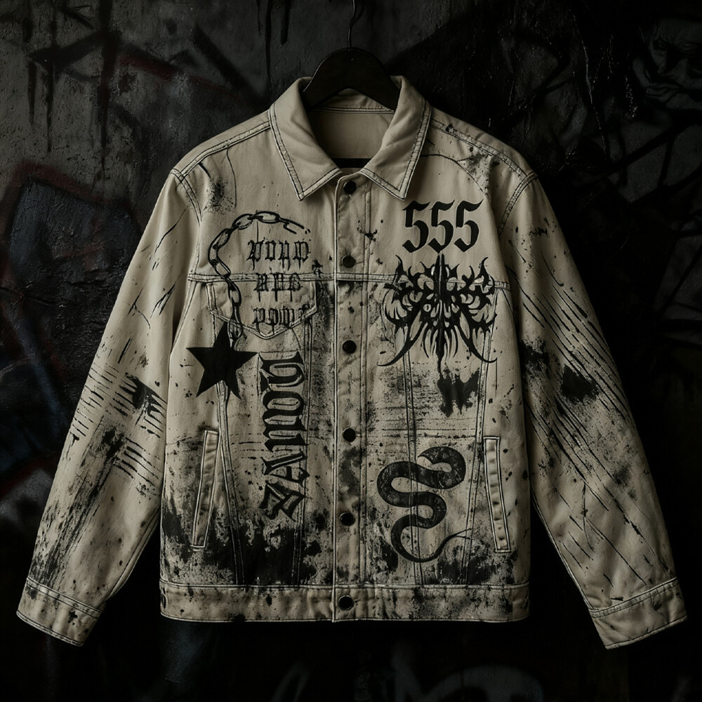 Custom-made winter street wear waterproof soft shell fur jacket designer Gothic heat transfer graphic leather jacket front