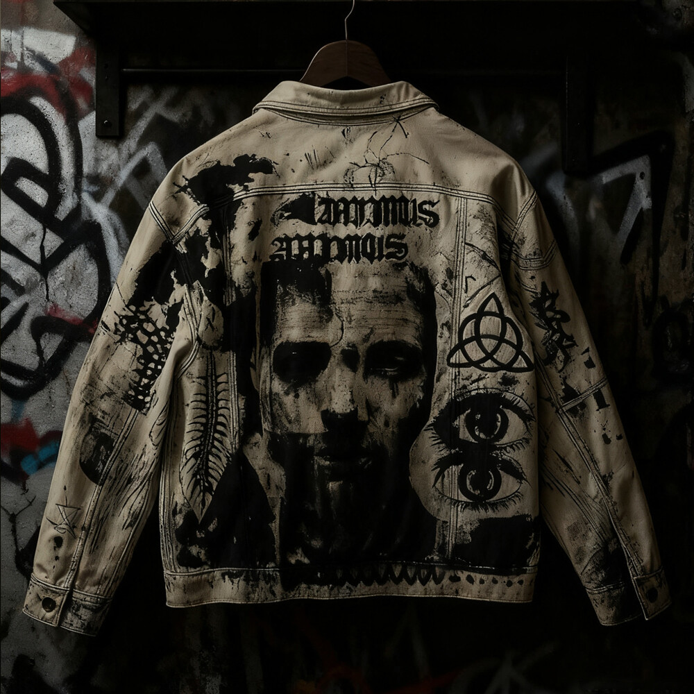 Custom-made winter street wear waterproof soft shell fur jacket designer Gothic heat transfer graphic leather jacket front