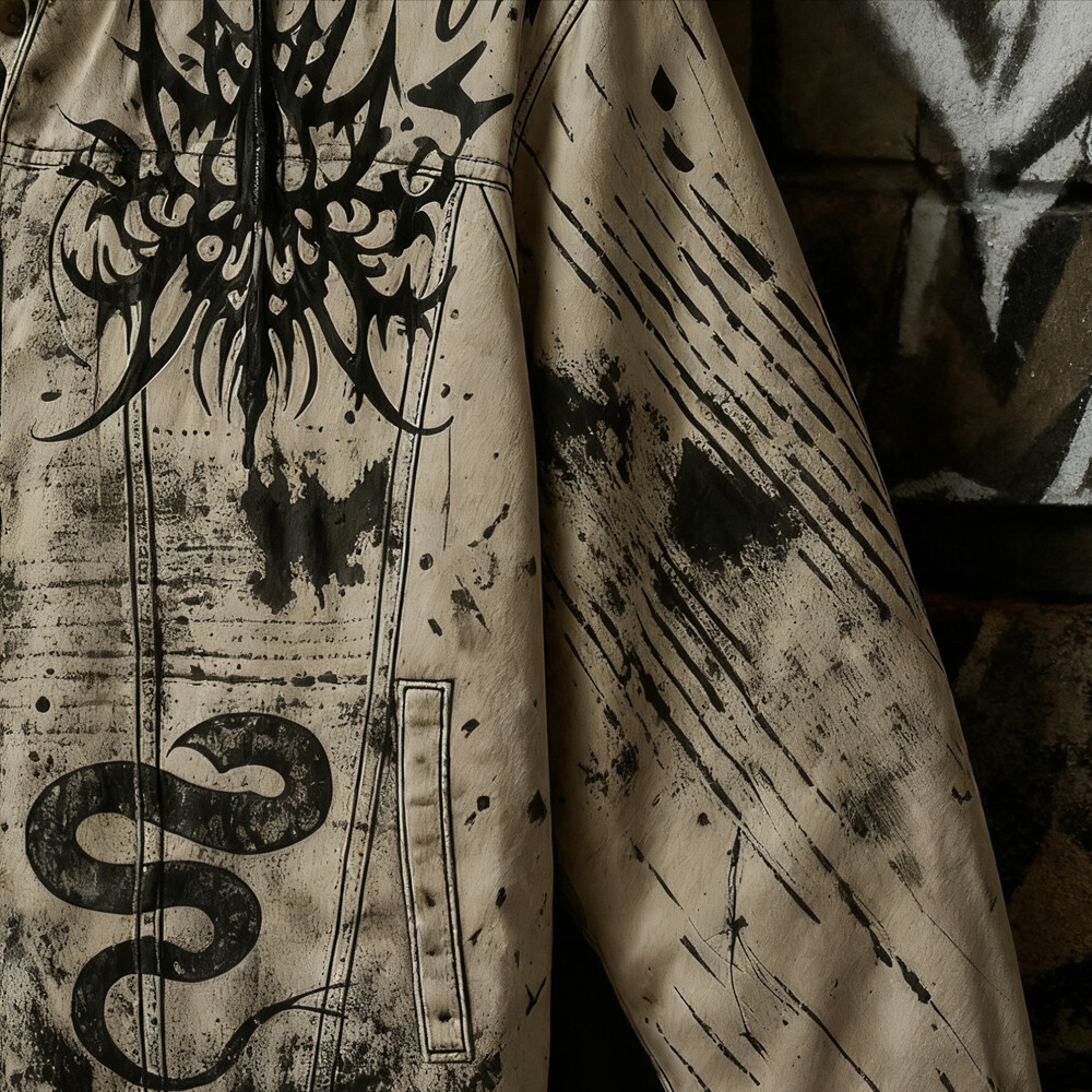 Custom-made winter street wear waterproof soft shell fur jacket designer Gothic heat transfer graphic leather jacket front