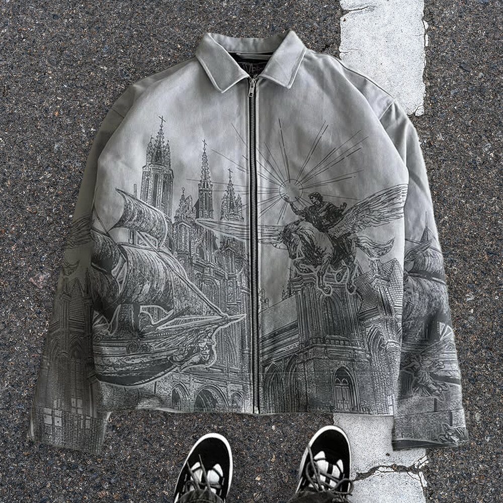 Streetwear tactical motorcycle denim jacket manufacturer customizes DTG anime cartoon graphic men's fashionable retro waterproof jacket