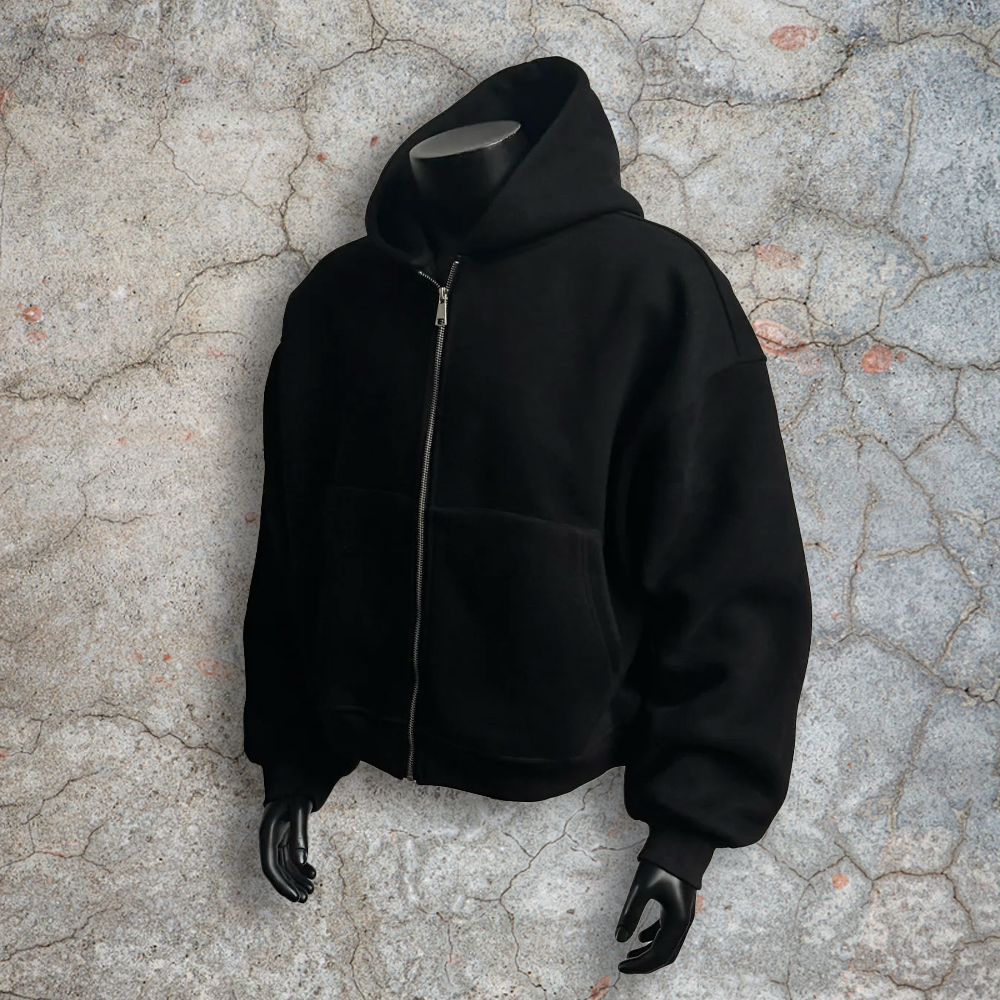 White cotton zipper round-neck sweatshirt, hoodie, men's backpack, high-quality custom winter streetwear, dyed