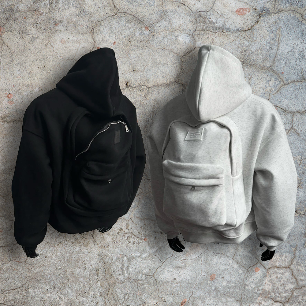 White cotton zipper round-neck sweatshirt, hoodie, men's backpack, high-quality custom winter streetwear, dyed