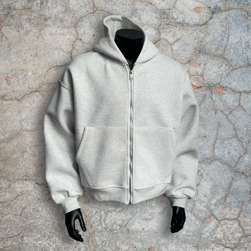 White cotton zipper round-neck sweatshirt, hoodie, men's backpack, high-quality custom winter streetwear, dyed