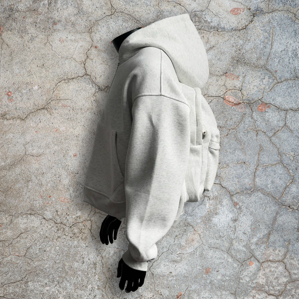 White cotton zipper round-neck sweatshirt, hoodie, men's backpack, high-quality custom winter streetwear, dyed