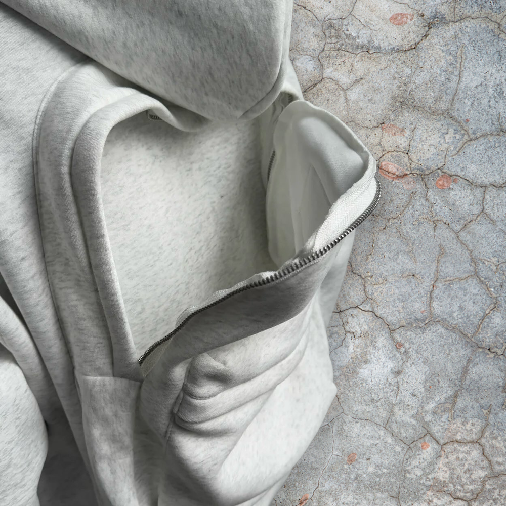 White cotton zipper round-neck sweatshirt, hoodie, men's backpack, high-quality custom winter streetwear, dyed