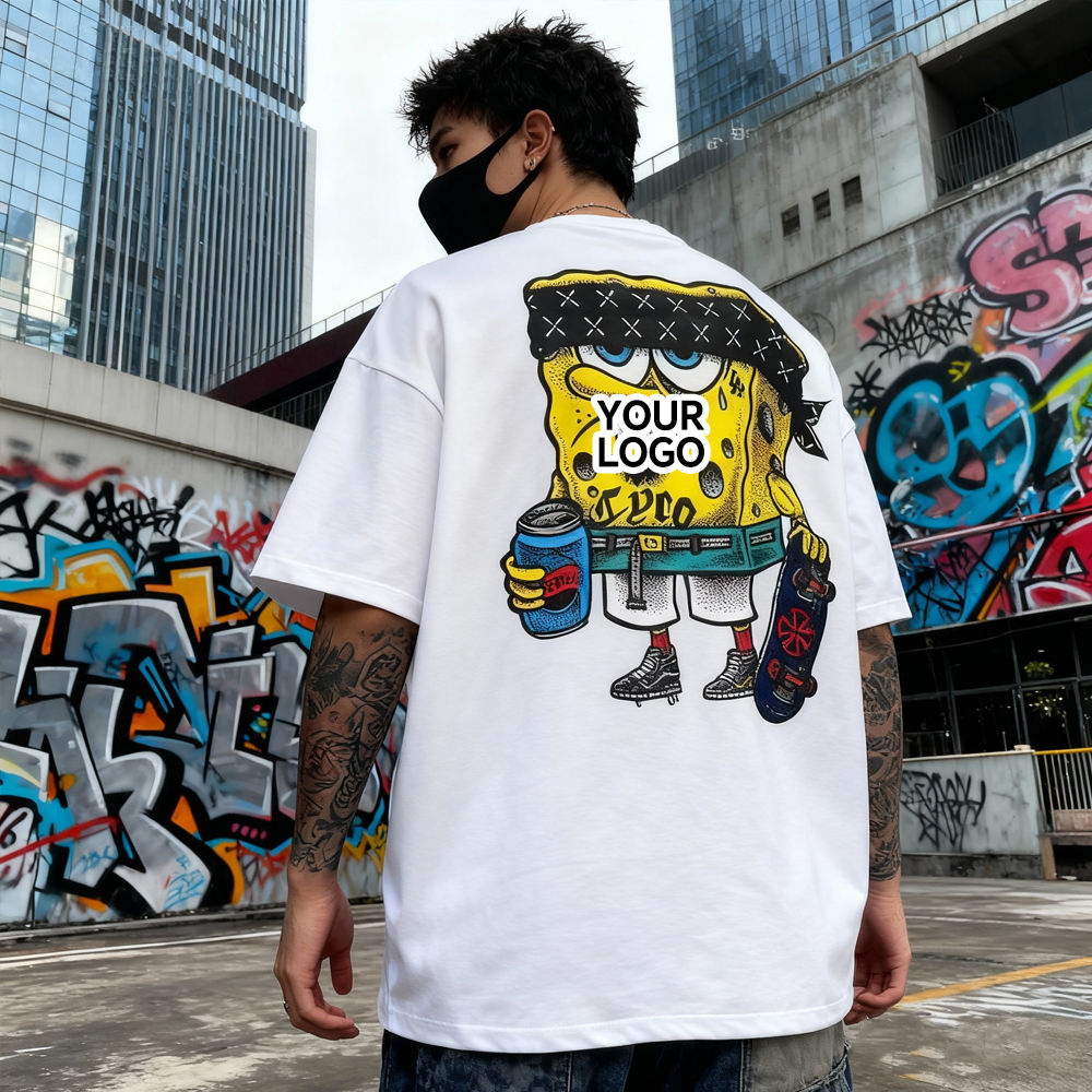 White off-the-shoulder T-shirt - shirt 400gsm custom-made cotton street style men's shirt with anime print, high-quality wholesale