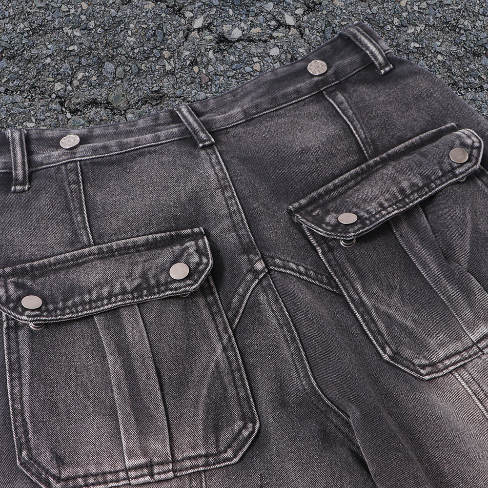 Wholesale polyester fabric manufacturer hip-hop retro custom metal printed 3D pocket men's curvily-leg jeans