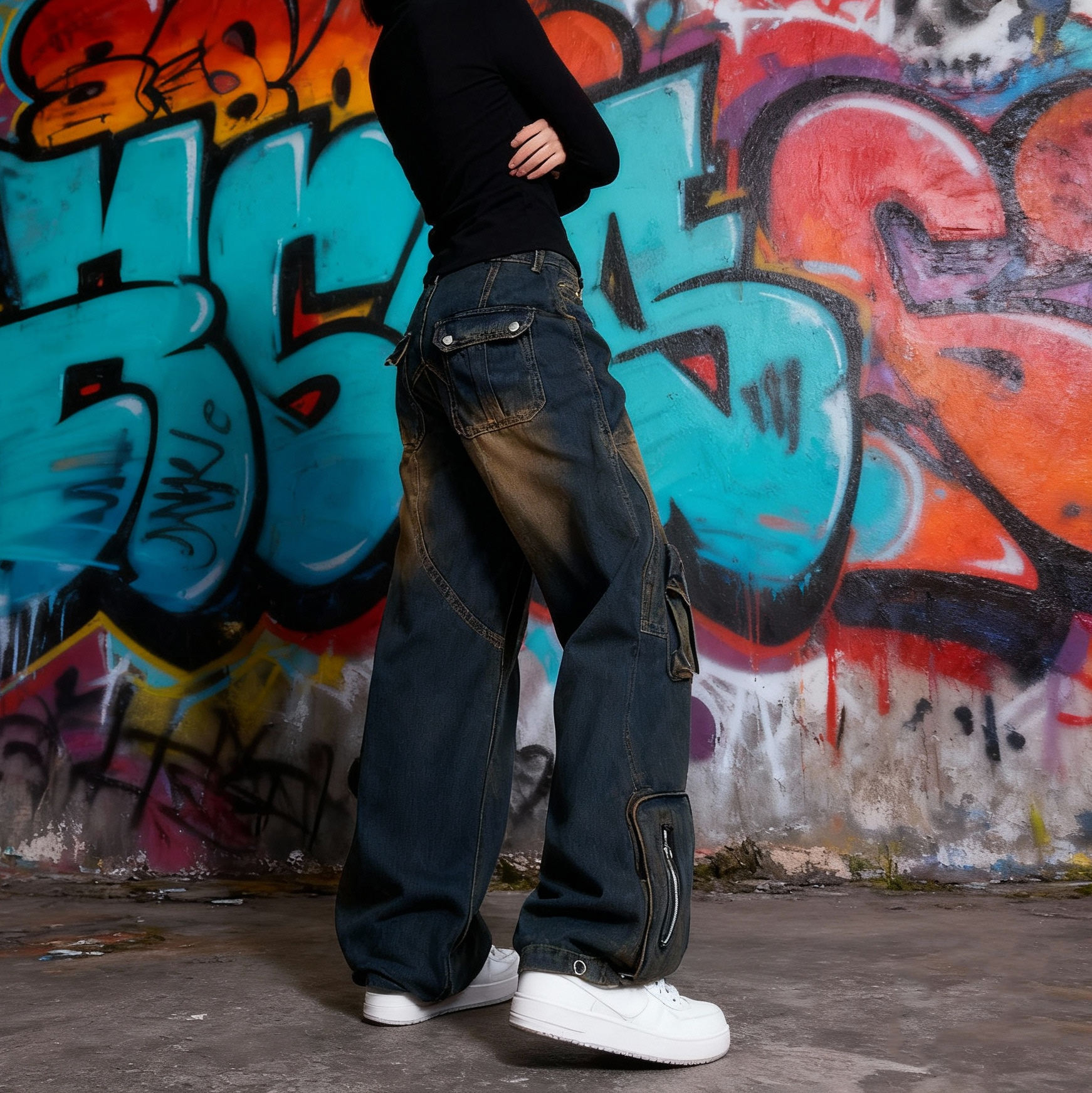 Wholesale polyester fabric manufacturer hip-hop retro custom metal printed 3D pocket men's curvily-leg jeans