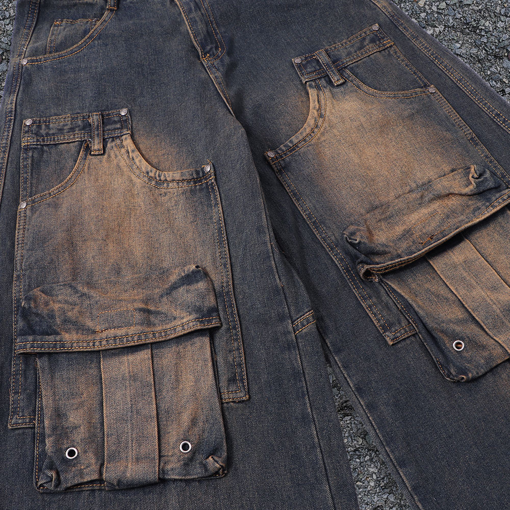 Wholesale polyester fabric manufacturer hip-hop retro custom metal printed 3D pocket men's curvily-leg jeans