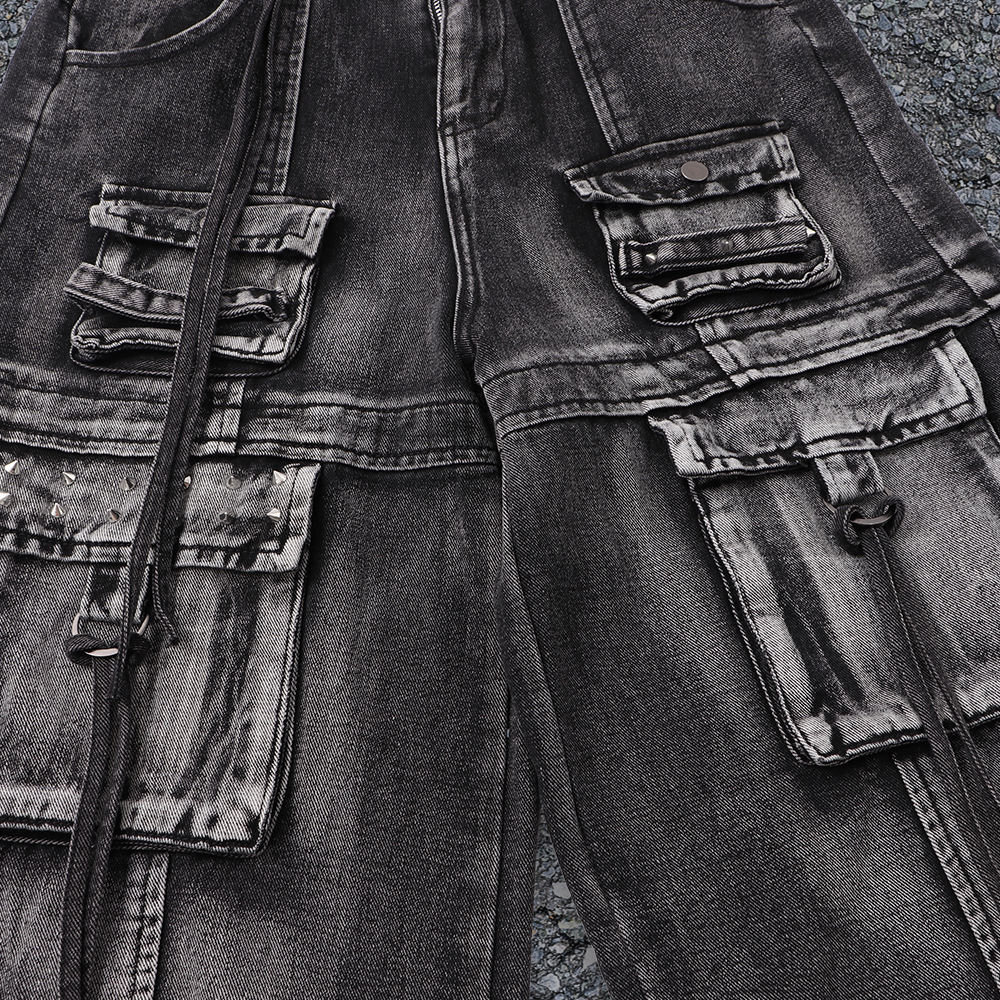 Organic cotton knitted denim Y2k street sportswear, mid-waist custom black ribbon regular wash jeans, loose pants for autumn