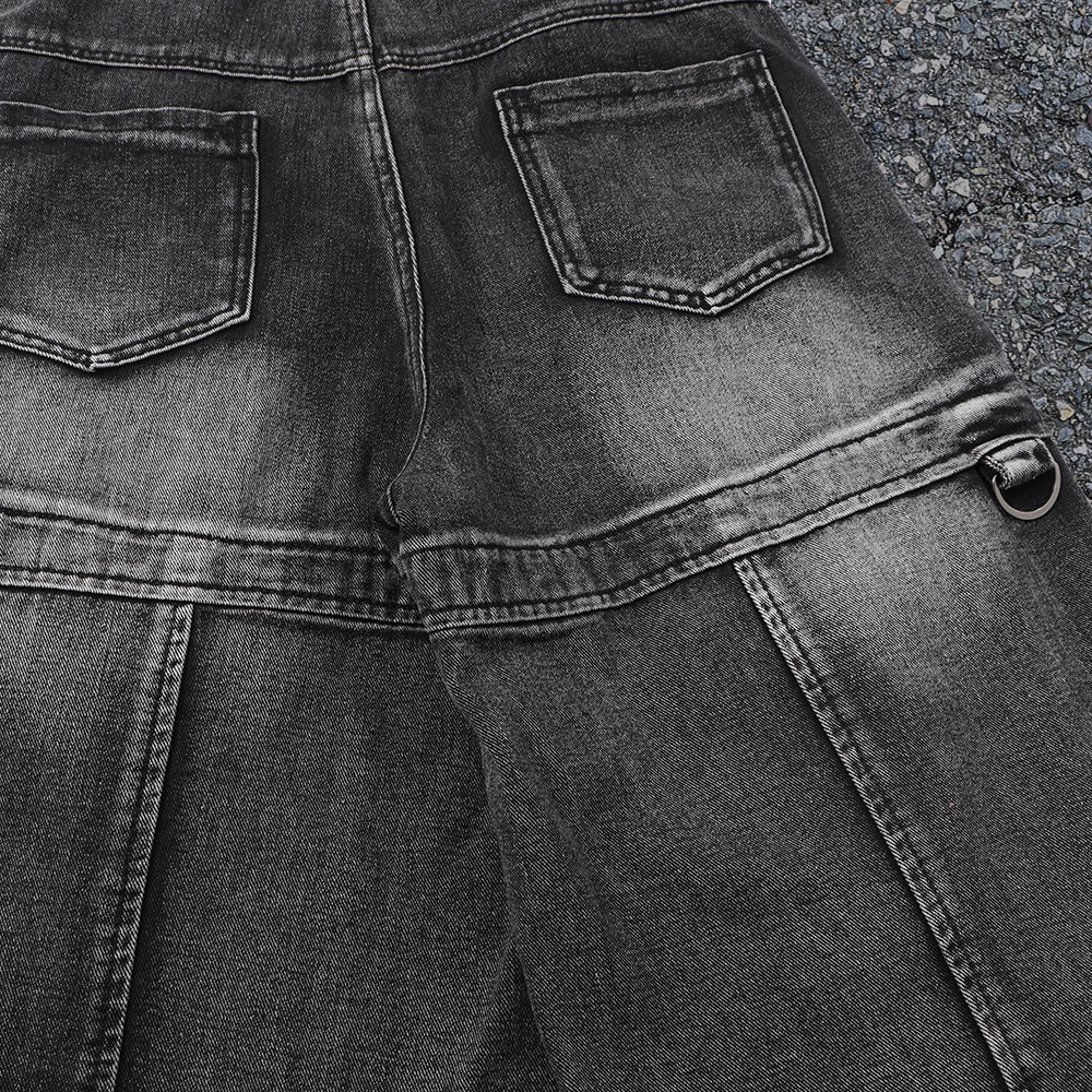 Organic cotton knitted denim Y2k street sportswear, mid-waist custom black ribbon regular wash jeans, loose pants for autumn