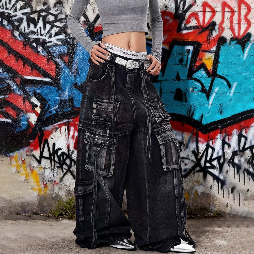 Organic cotton knitted denim Y2k street sportswear, mid-waist custom black ribbon regular wash jeans, loose pants for autumn