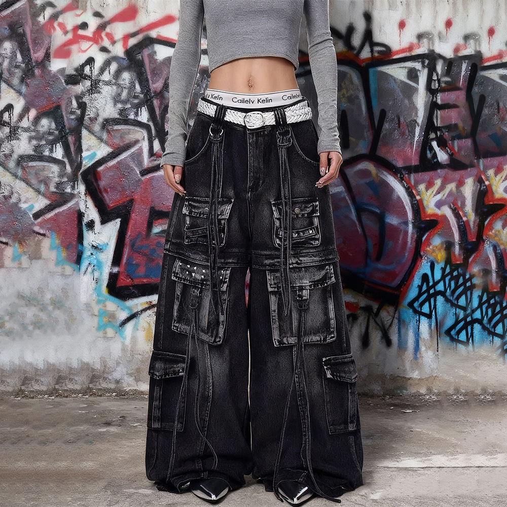 Organic cotton knitted denim Y2k street sportswear, mid-waist custom black ribbon regular wash jeans, loose pants for autumn