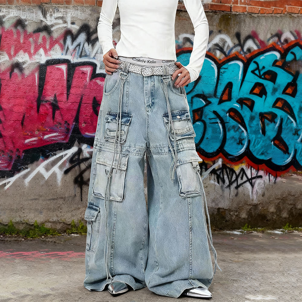 Organic cotton knitted denim Y2k street sportswear, mid-waist custom black ribbon regular wash jeans, loose pants for autumn