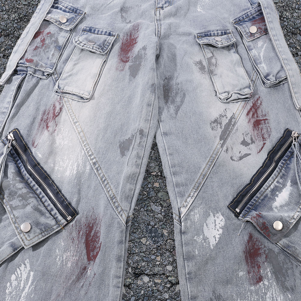 Custom-made men's trousers made of heavyweight washable cotton-polyester fabric with jacquard 3D zipper pockets and loose jeans for street wear