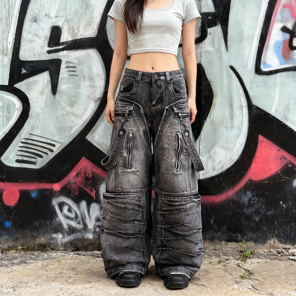 Wholesale custom 100% cotton denim retro street style crack print custom ribbon wash flared jeans manufacturer