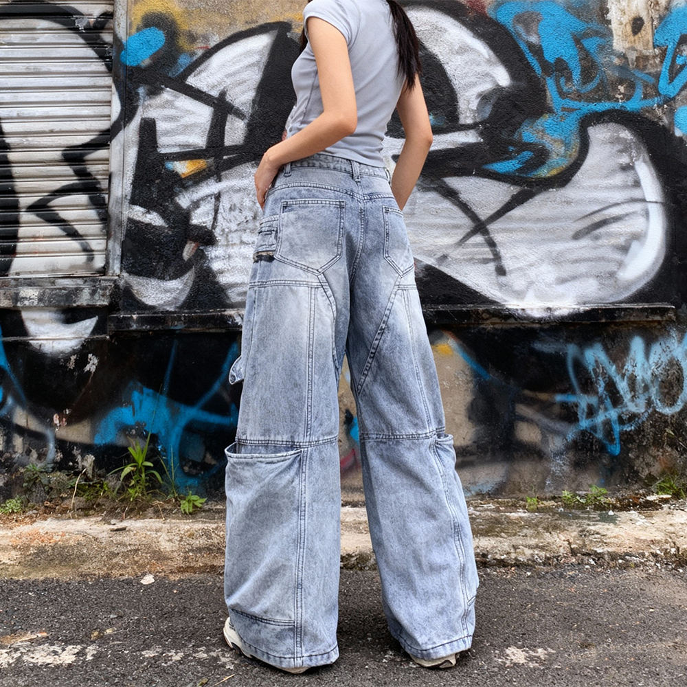 Wholesale custom 100% cotton denim retro street style crack print custom ribbon wash flared jeans manufacturer