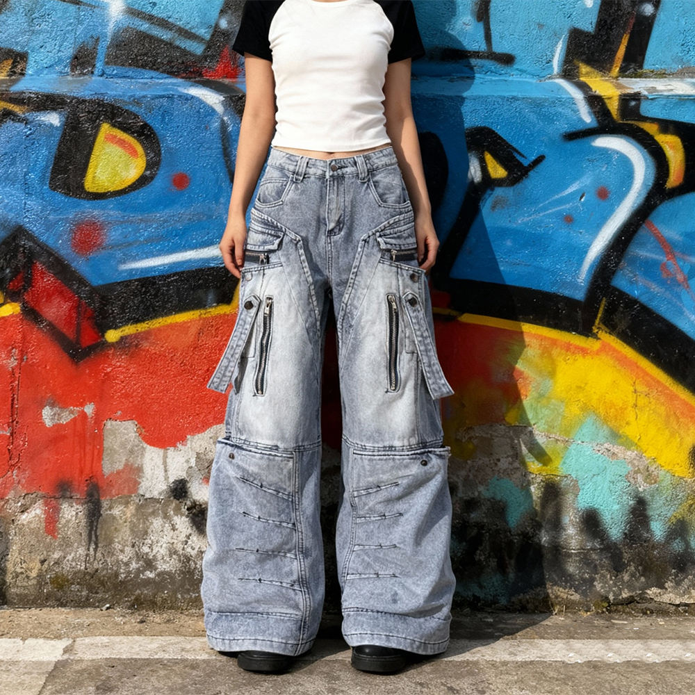 Wholesale custom 100% cotton denim retro street style crack print custom ribbon wash flared jeans manufacturer