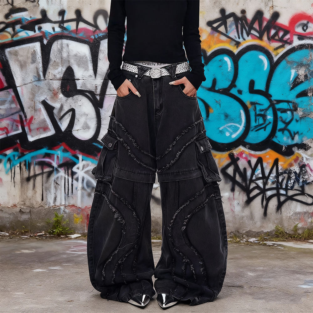 Cotton-polyester fabric retro Gothic high-waisted custom washable side pocket patchwork fringed flared flared flared jeans for men