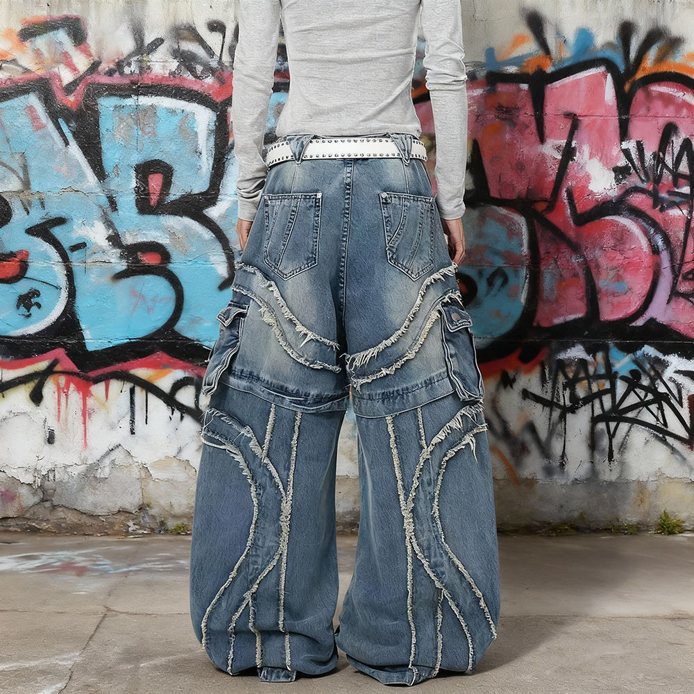 Cotton-polyester fabric retro Gothic high-waisted custom washable side pocket patchwork fringed flared flared flared jeans for men