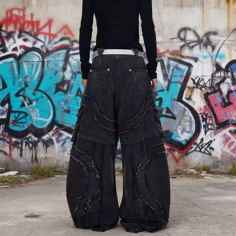 Cotton-polyester fabric retro Gothic high-waisted custom washable side pocket patchwork fringed flared flared flared jeans for men