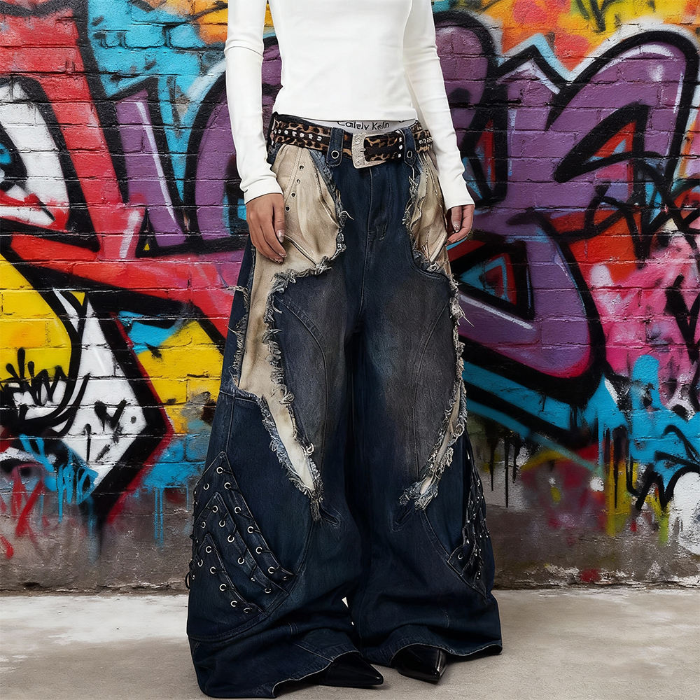 Cotton fashion Nova jeans knitwear manufacturer high-waisted custom ribbon tassel hole patchwork men's jeans and long pants