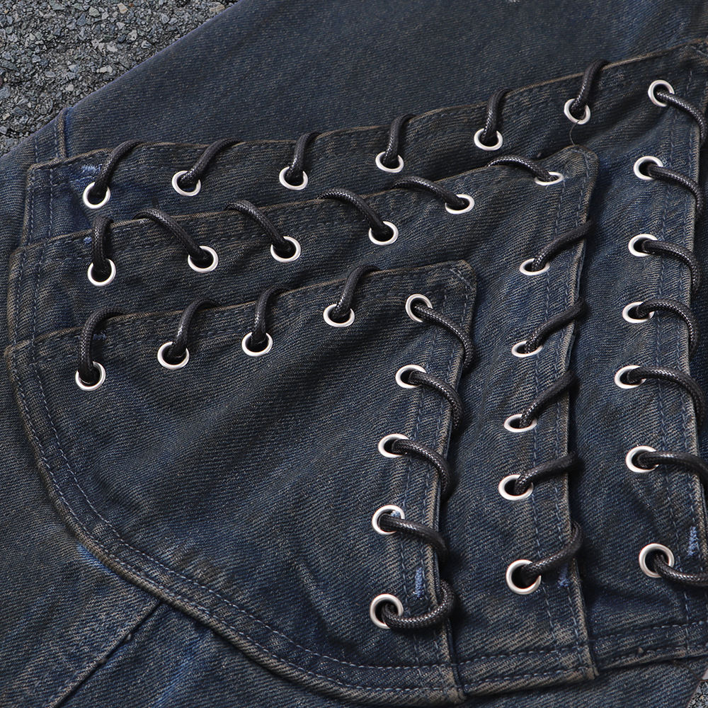 Cotton fashion Nova jeans knitwear manufacturer high-waisted custom ribbon tassel hole patchwork men's jeans and long pants