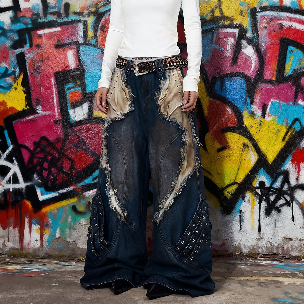 Cotton fashion Nova jeans knitwear manufacturer high-waisted custom ribbon tassel hole patchwork men's jeans and long pants