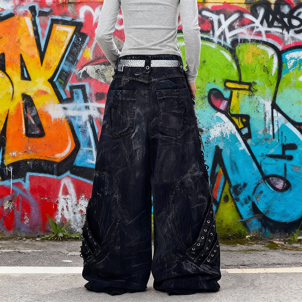 Cotton fashion Nova jeans knitwear manufacturer high-waisted custom ribbon tassel hole patchwork men's jeans and long pants