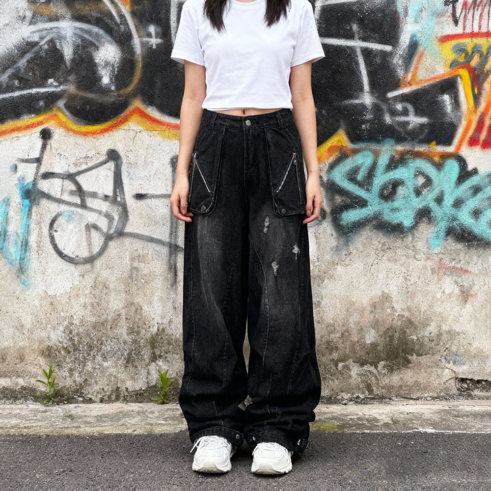 Custom-made pocket streetwear made of polyester-cotton fabric, mid-waisted straight-leg jeans for both men and women, suitable for manufacturers