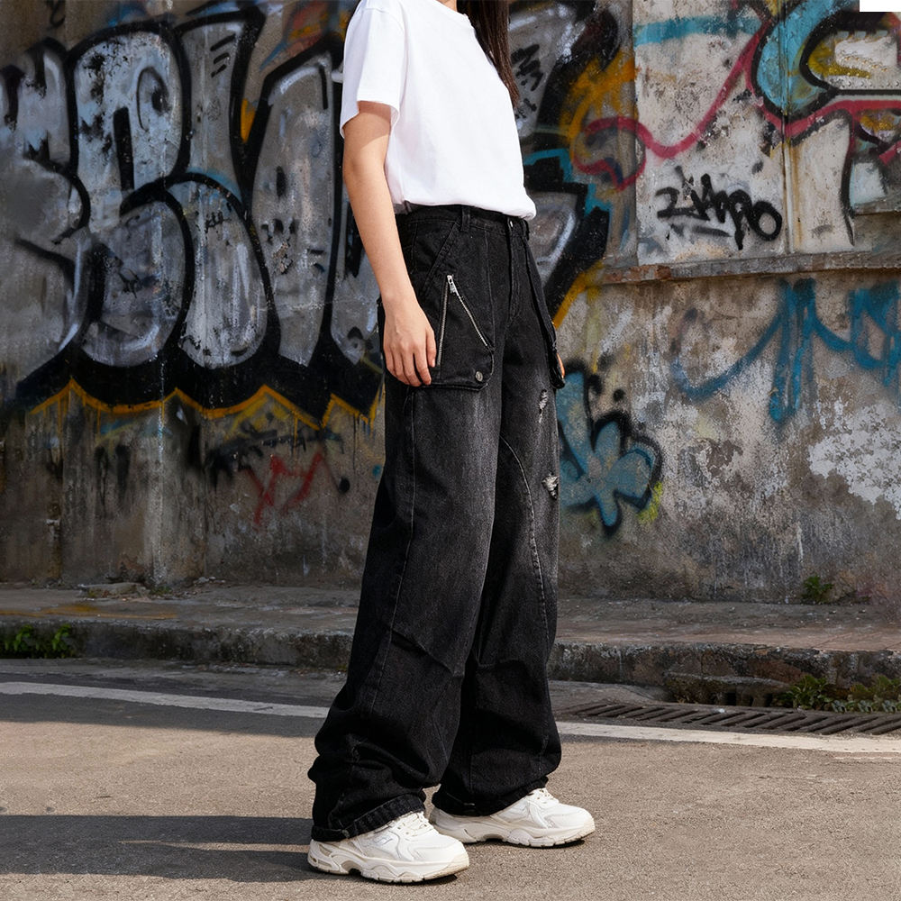 Custom-made pocket streetwear made of polyester-cotton fabric, mid-waisted straight-leg jeans for both men and women, suitable for manufacturers
