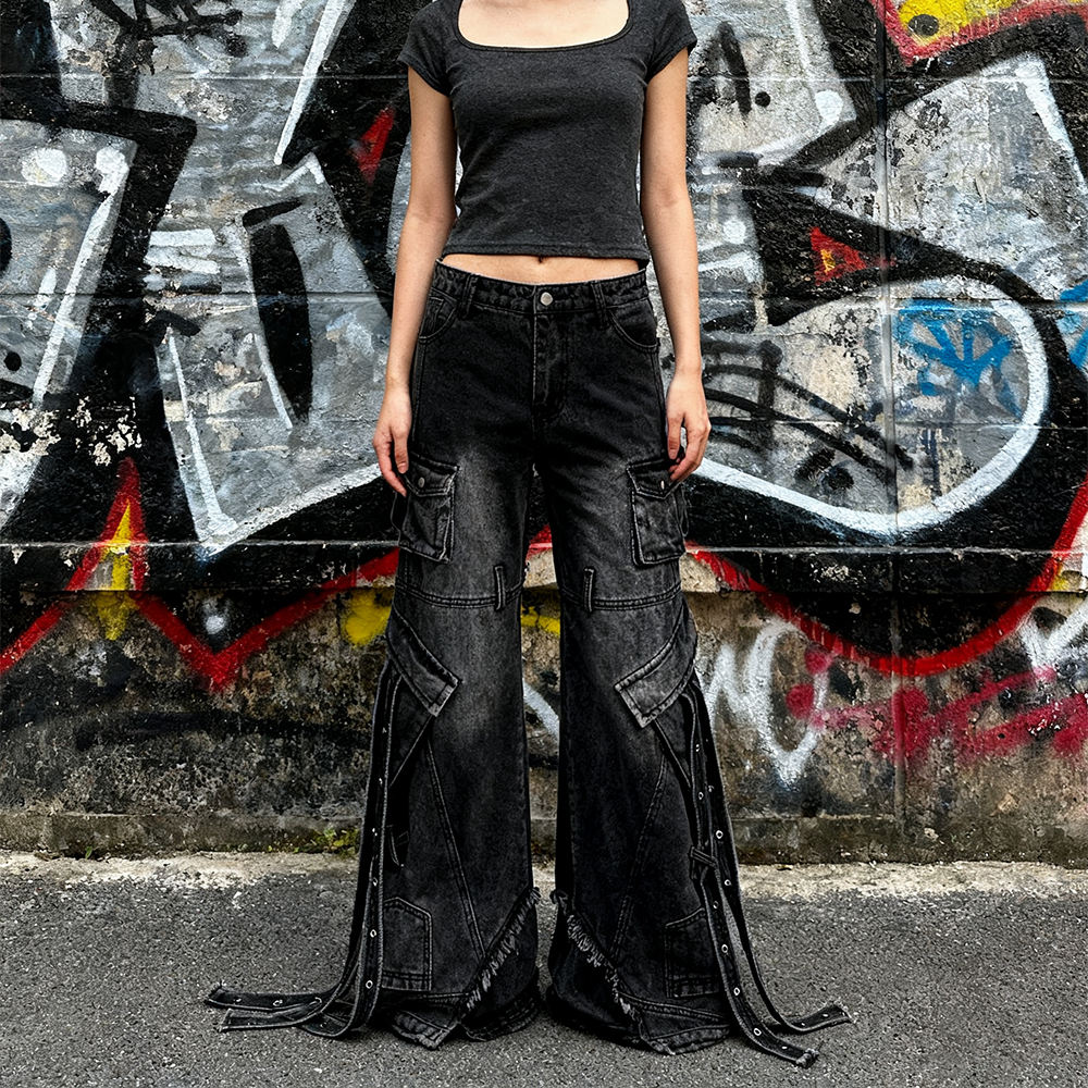 High-quality wholesale custom-made high-waisted flared pants, side pockets, streetwear, boyfriend style ribbon tassels, 100% cotton light-colored jeans