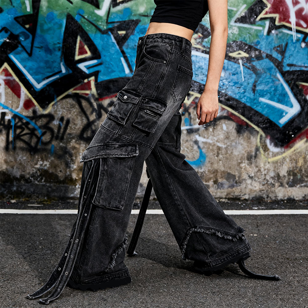 High-quality wholesale custom-made high-waisted flared pants, side pockets, streetwear, boyfriend style ribbon tassels, 100% cotton light-colored jeans