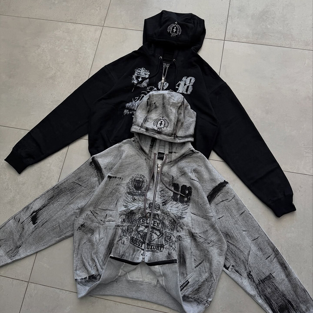 400 Gsm custom street wear hand-painted printed short suit sweatpants with zipper hoodie set, high-quality manufacturer for autumn