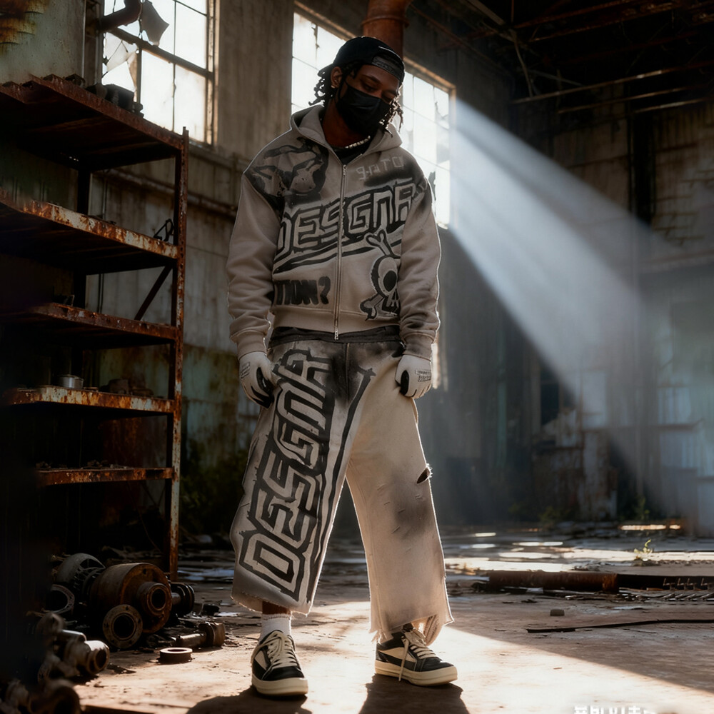 Denim woven oversized sport pants, zipper hoodie set, men's custom high-quality elevated street wear for autumn and winter