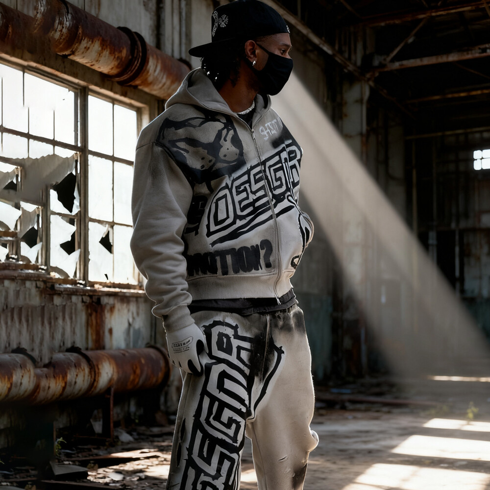 Denim woven oversized sport pants, zipper hoodie set, men's custom high-quality elevated street wear for autumn and winter