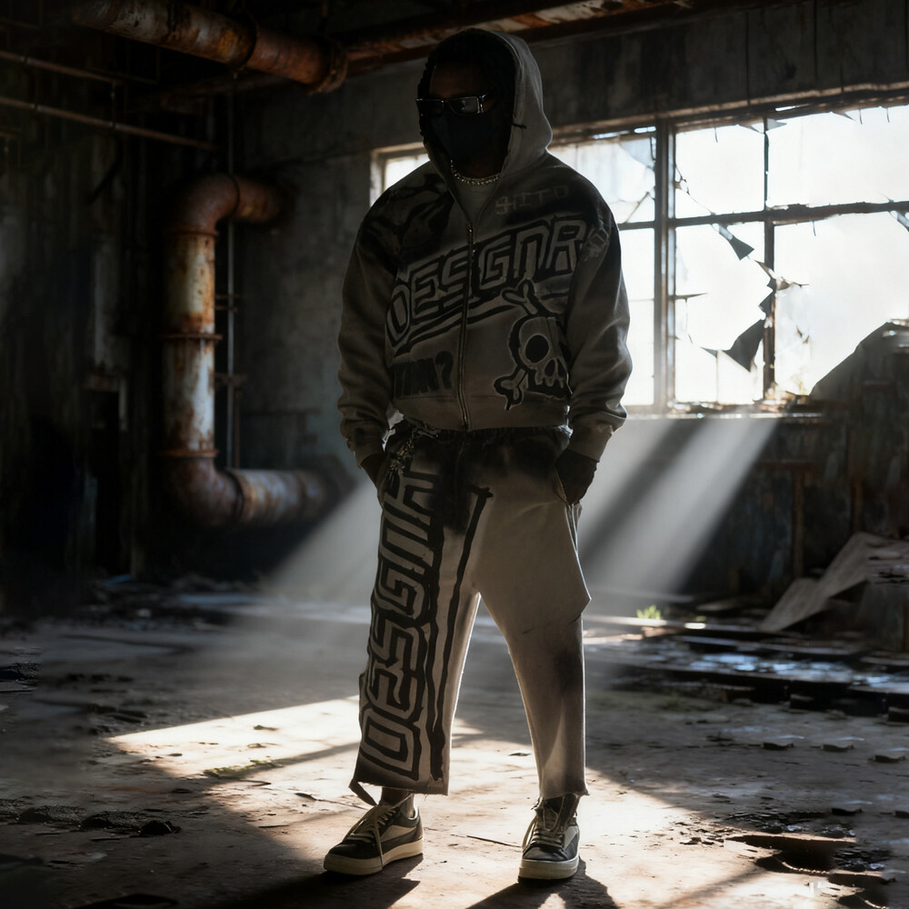 Denim woven oversized sport pants, zipper hoodie set, men's custom high-quality elevated street wear for autumn and winter