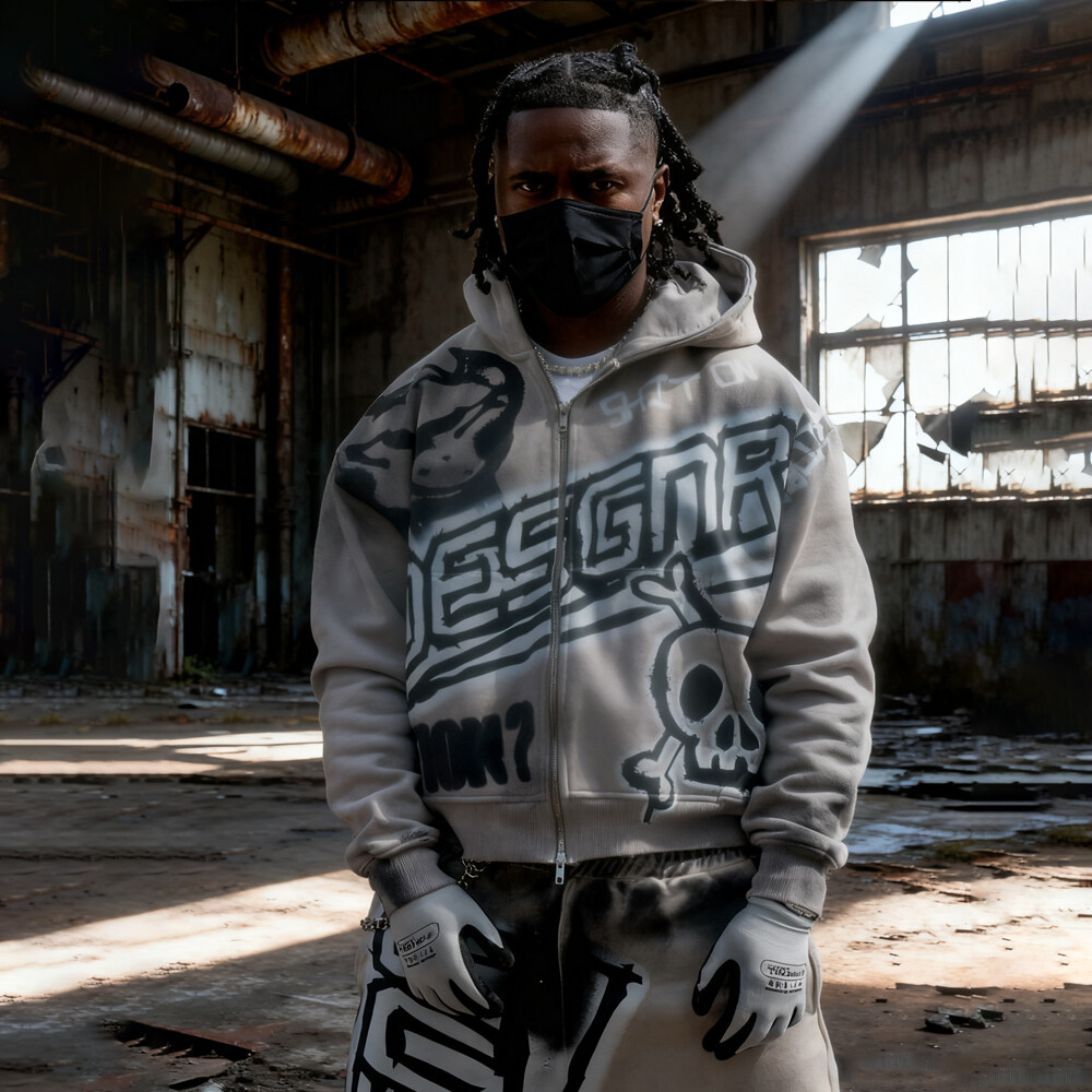 Denim woven oversized sport pants, zipper hoodie set, men's custom high-quality elevated street wear for autumn and winter